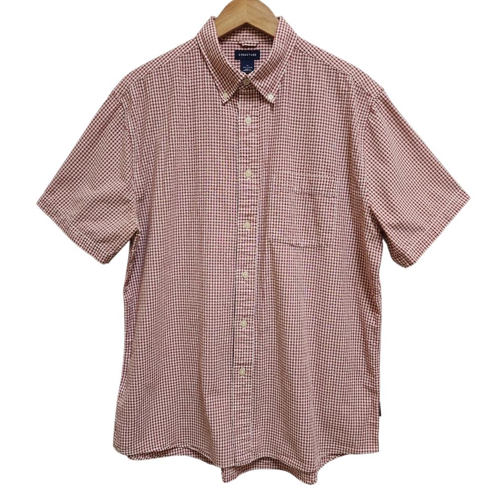 Structure Shirt Men XL Red Cotton Gingham Check Seersucker Short Slv Button Down